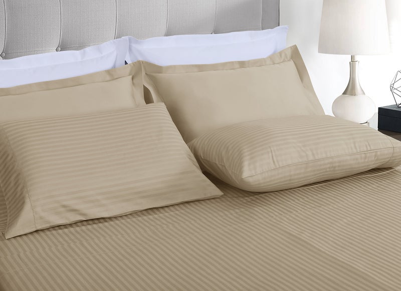 Threadmill 100% Cotton Sheets for Queen Size Bed - 600 Thread Count Queen Bed Sheets Set with 16â€ Deep Pocket - Damask Stripe Sateen Weave 4-Piece Bedding Set with Cooling Effect, Beige - Image 2